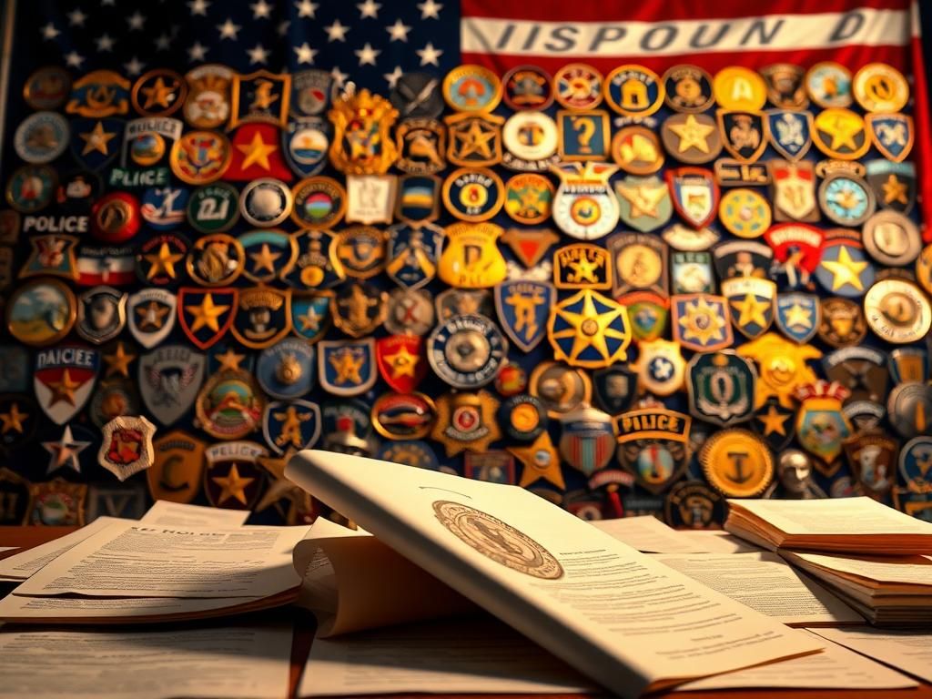 Flick International A mosaic of badges and insignias from law enforcement agencies against the American flag