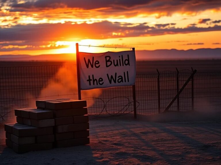 Flick International Partial construction site of a border wall with stacks of bricks and barbed wire