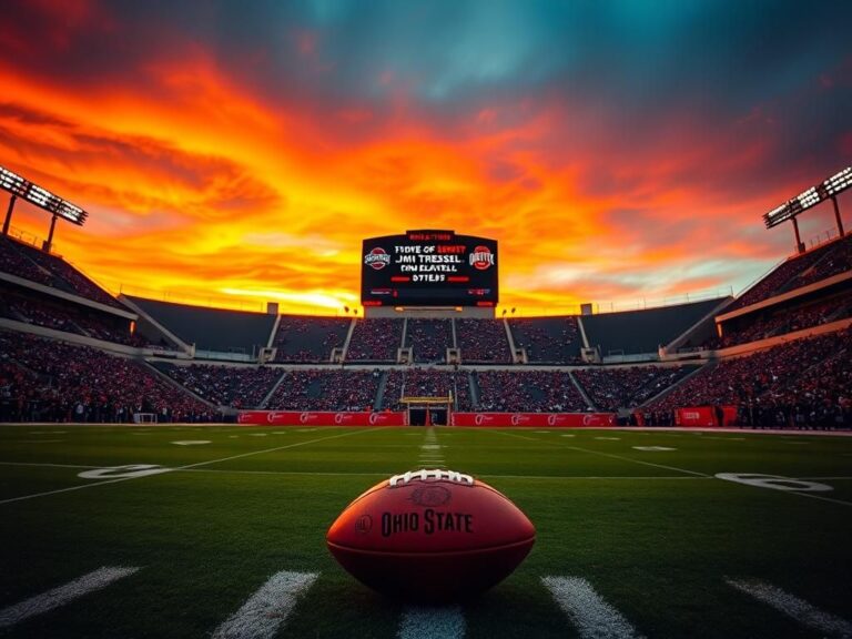 Flick International Empty Ohio Stadium at sunset with football on 50-yard line