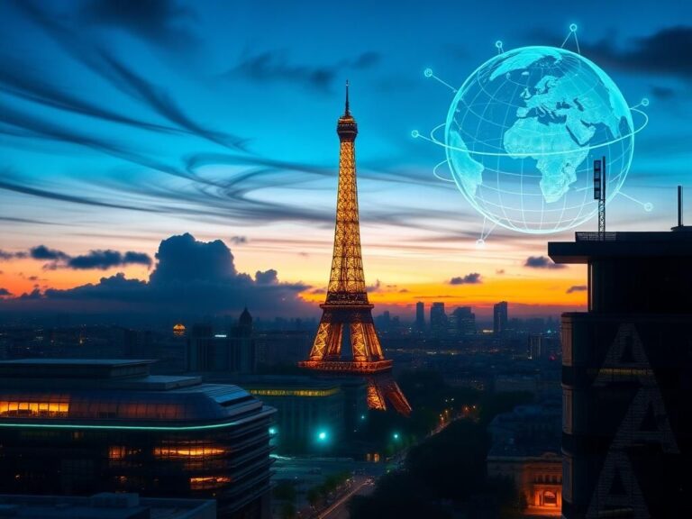 Flick International A futuristic cityscape of Paris at dusk featuring the Eiffel Tower and glowing buildings representing innovation and AI technology.