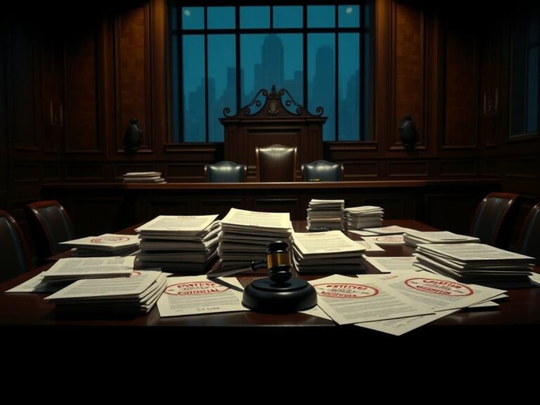 Flick International A dramatic courtroom scene featuring a wooden judge's bench and legal documents marked confidential