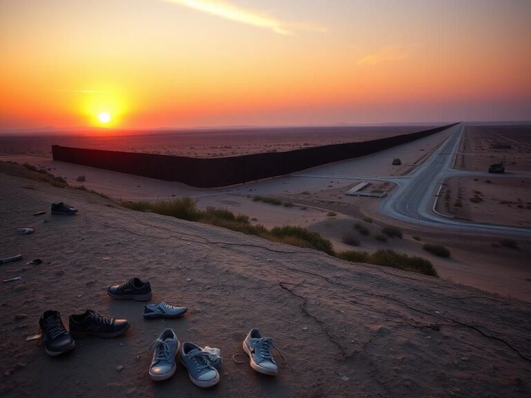 Flick International View of the U.S.-Mexico border with a barrier and sunset