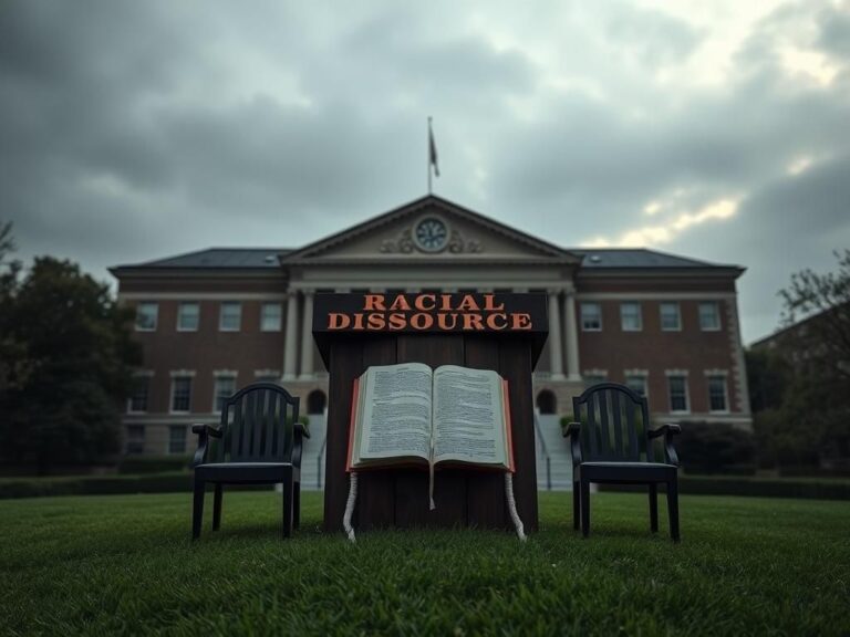 Flick International A large, weathered podium in front of a historic university building symbolizing racial discourse