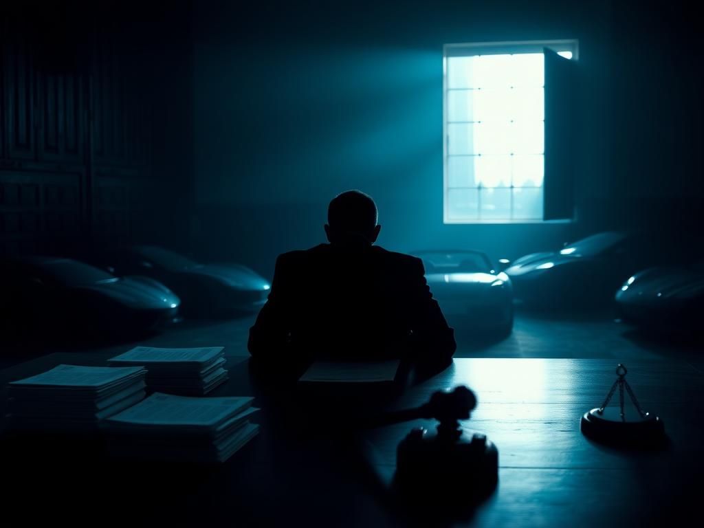 Flick International Dimly lit courtroom with a shadowed figure and legal documents representing justice