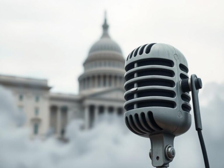 Flick International Close-up of a vintage microphone against a soft-focus backdrop of Capitol Hill