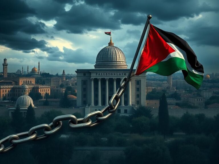 Flick International Heavily guarded diplomatic building in Jerusalem with Palestinian flag and broken chain symbolizing financial support struggles