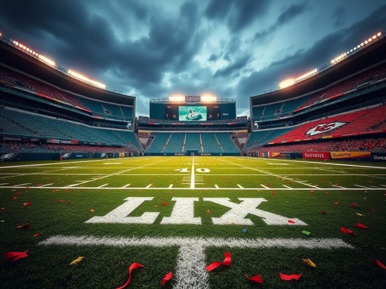 Flick International Empty football stadium post-game with Eagles and Chiefs colors