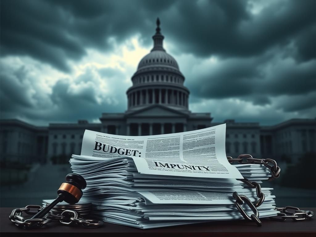 Flick International Dramatic depiction of the U.S. Capitol building with legislative bills and symbols of financial control