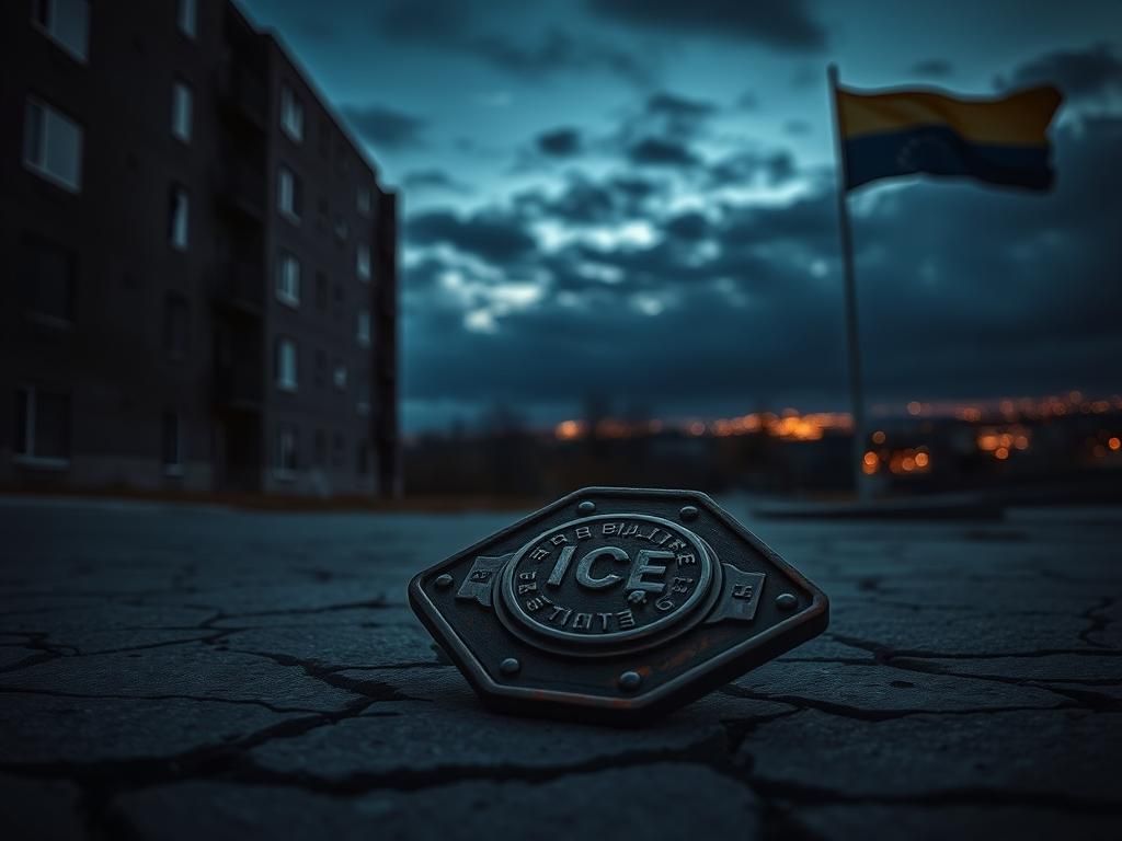 Flick International Ominous urban landscape in Aurora, Colorado with a rusted ICE badge on cracked pavement