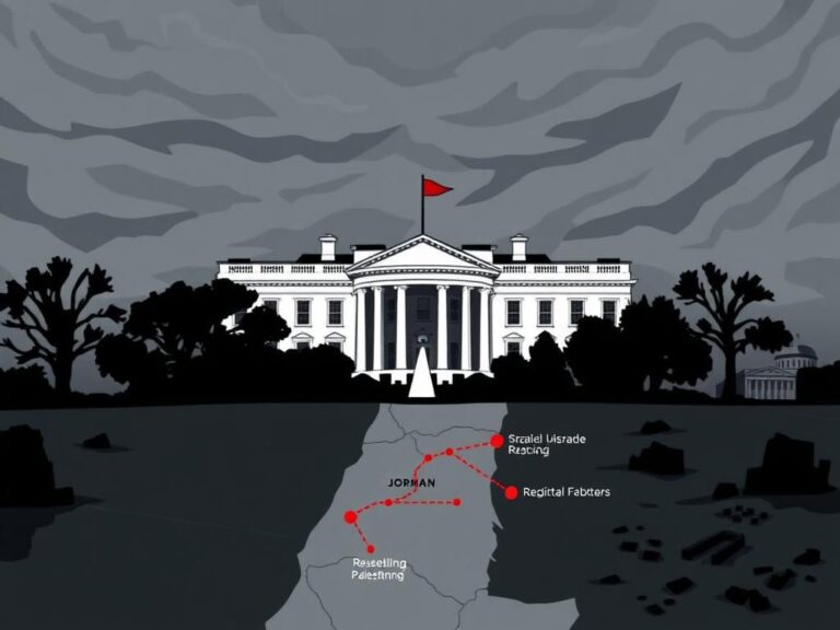 Flick International Stylized representation of the White House under dark storm clouds, symbolizing tension in geopolitical discussions.