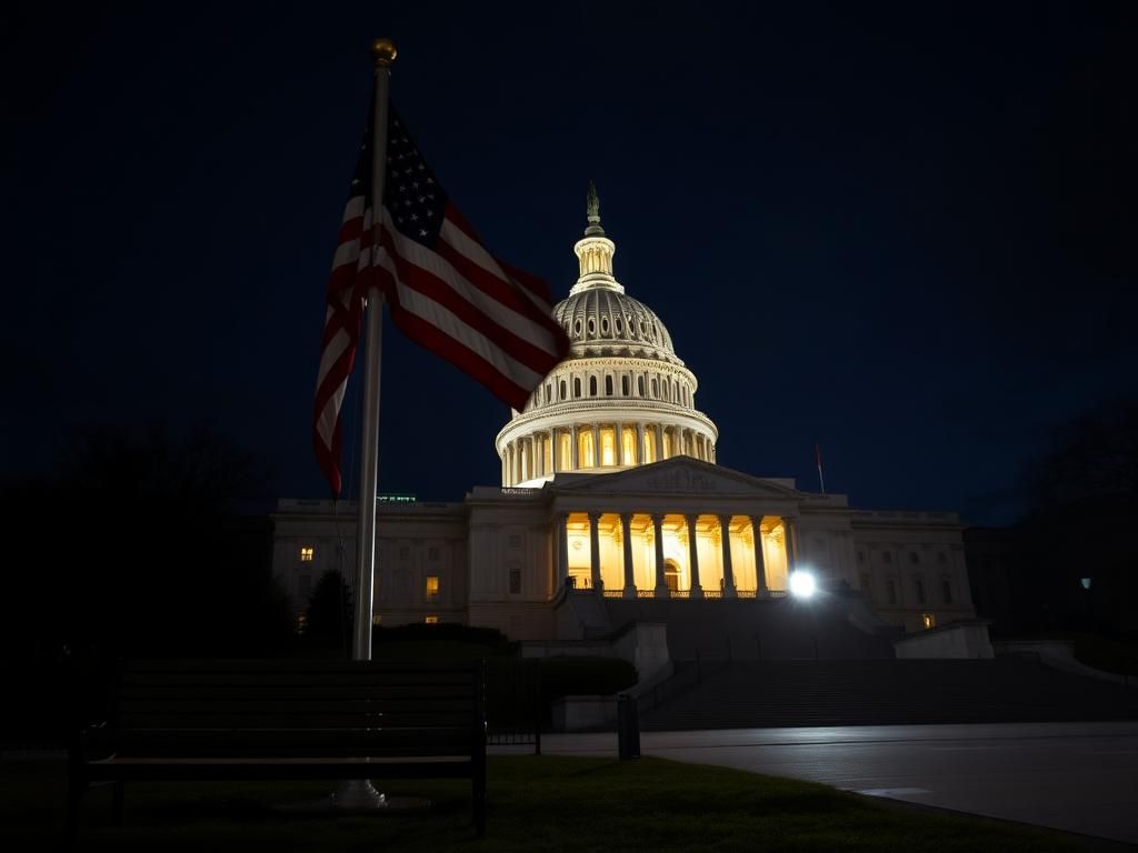 Flick International U.S. Capitol building illuminated at night with American flag in foreground