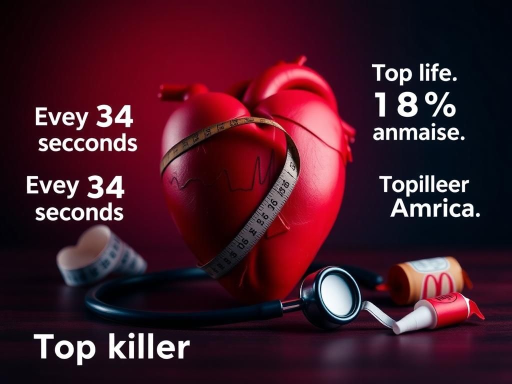 Flick International Close-up of a pulsating heart with a stethoscope and visual risk factors surrounding it