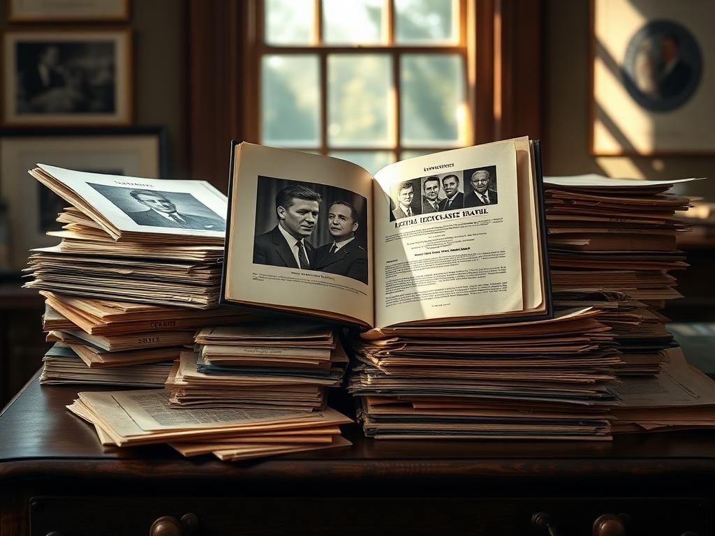 Flick International Vintage wooden desk with aged documents and classified folders related to JFK assassination