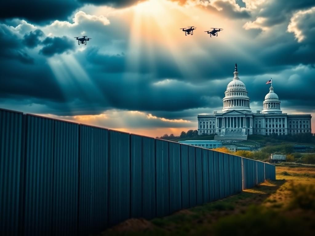 Flick International Imposing border wall with surveillance technologies in the background