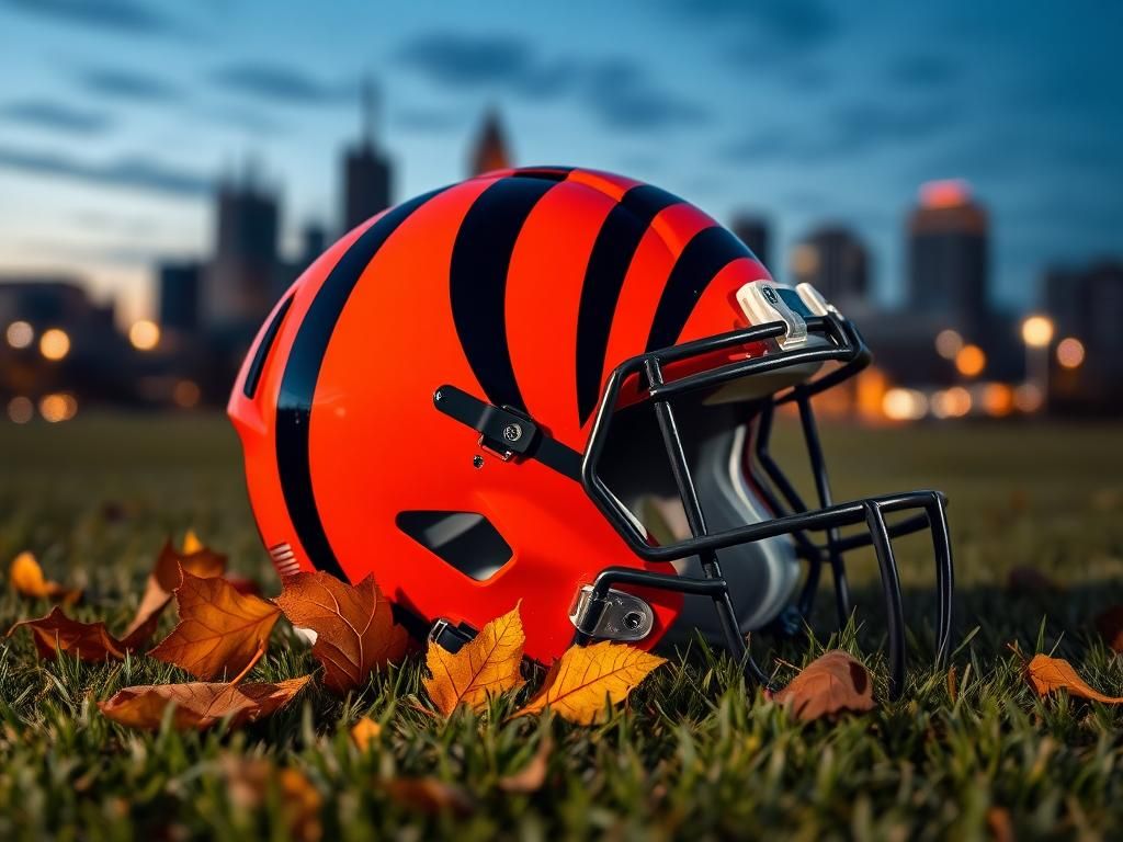 Flick International Close-up of a Cincinnati Bengals helmet on a grassy field with autumn leaves.