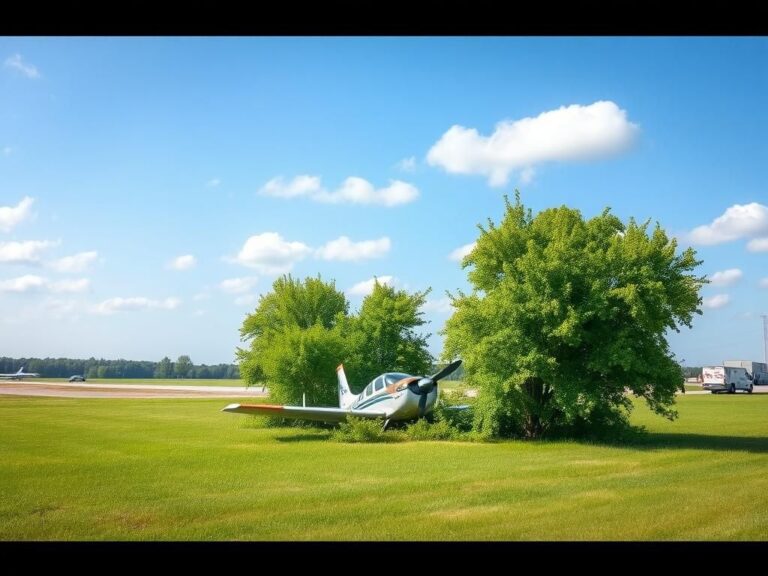 Flick International A small, crumpled aircraft partially nestled among green trees after a crash near Hampton Airfield.