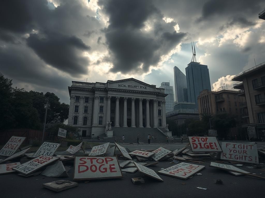 Flick International Chaotic urban scene featuring a crumbling government building and shattered protest signs