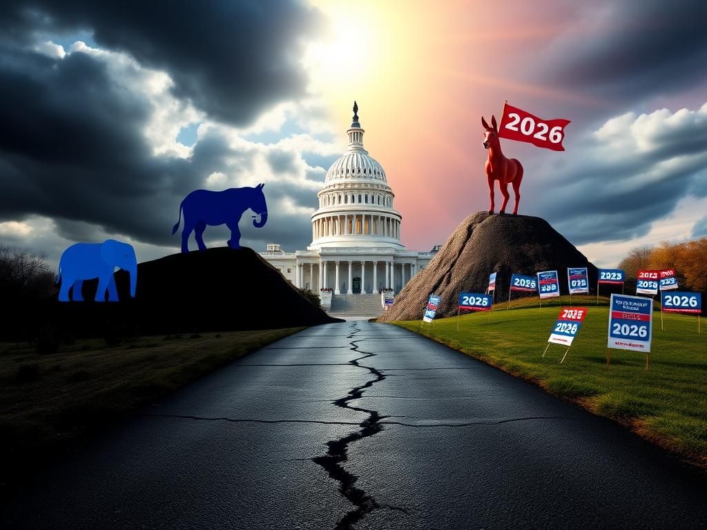 Flick International Political landscape depicting the U.S. Capitol with Democratic and Republican symbols