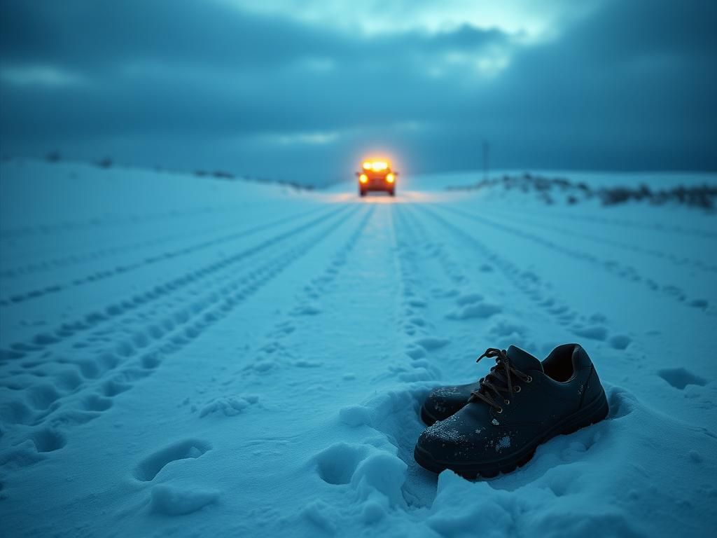 Flick International Snowy landscape with tire tracks leading to a distant police car and abandoned shoes in the foreground