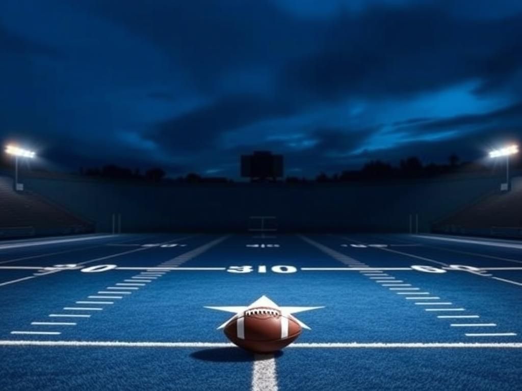 Flick International A dramatic twilight scene of an empty Dallas Cowboys practice field with blue and silver colors.