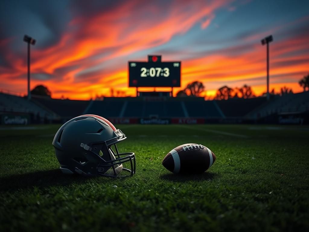 Flick International A quarterback's helmet and a football in an empty stadium at twilight