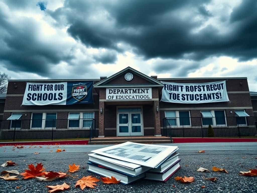 Flick International Empty public school building with banners advocating for education