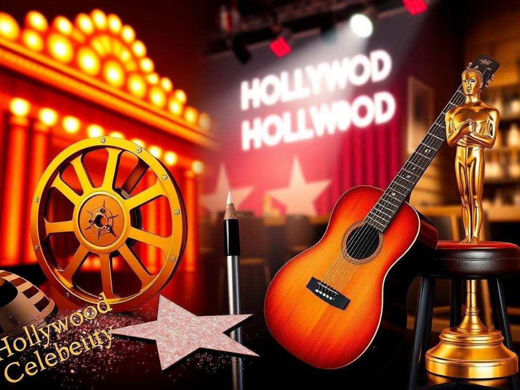 Flick International A vibrant collage depicting Hollywood icons, including a vintage film reel, an elegant microphone, and a guitar against a backdrop of theater lights.