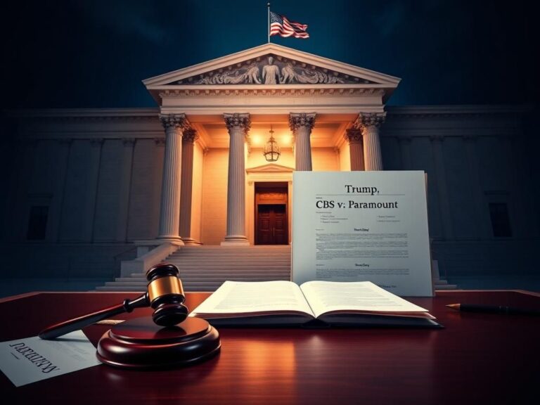 Flick International A dramatic courtroom scene with a gavel and legal documents symbolizing the Trump v. CBS and Paramount lawsuit.