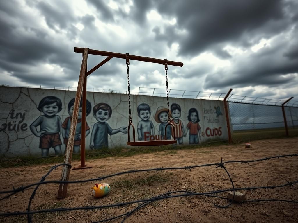 Flick International Abandoned children's swing at a border crossing symbolizing child trafficking crisis