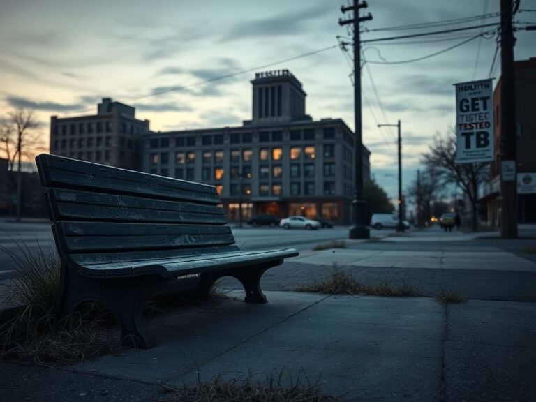 Flick International Deserted urban street in Kansas City during twilight with a weathered wooden bench and an old hospital building in the background.