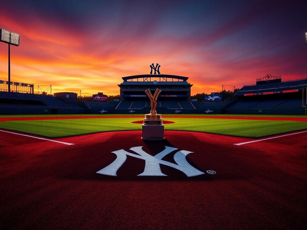 Flick International A dramatic twilight scene of a baseball diamond showcasing Yankees and Dodgers colors