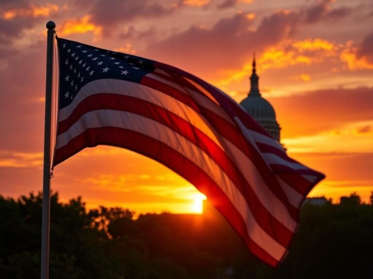 Flick International American flag waving with a sunset and government building silhouetted in the background