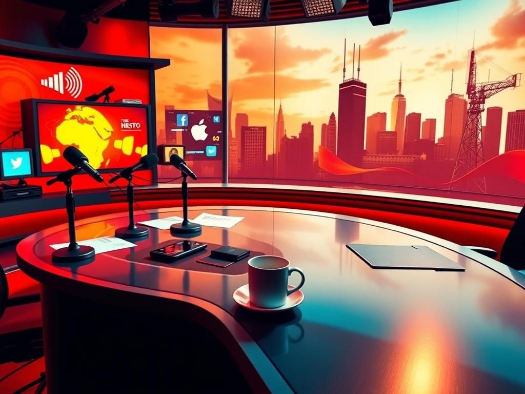 Flick International A vibrant broadcast studio scene with an empty news desk and microphones symbolizing energetic discussions.