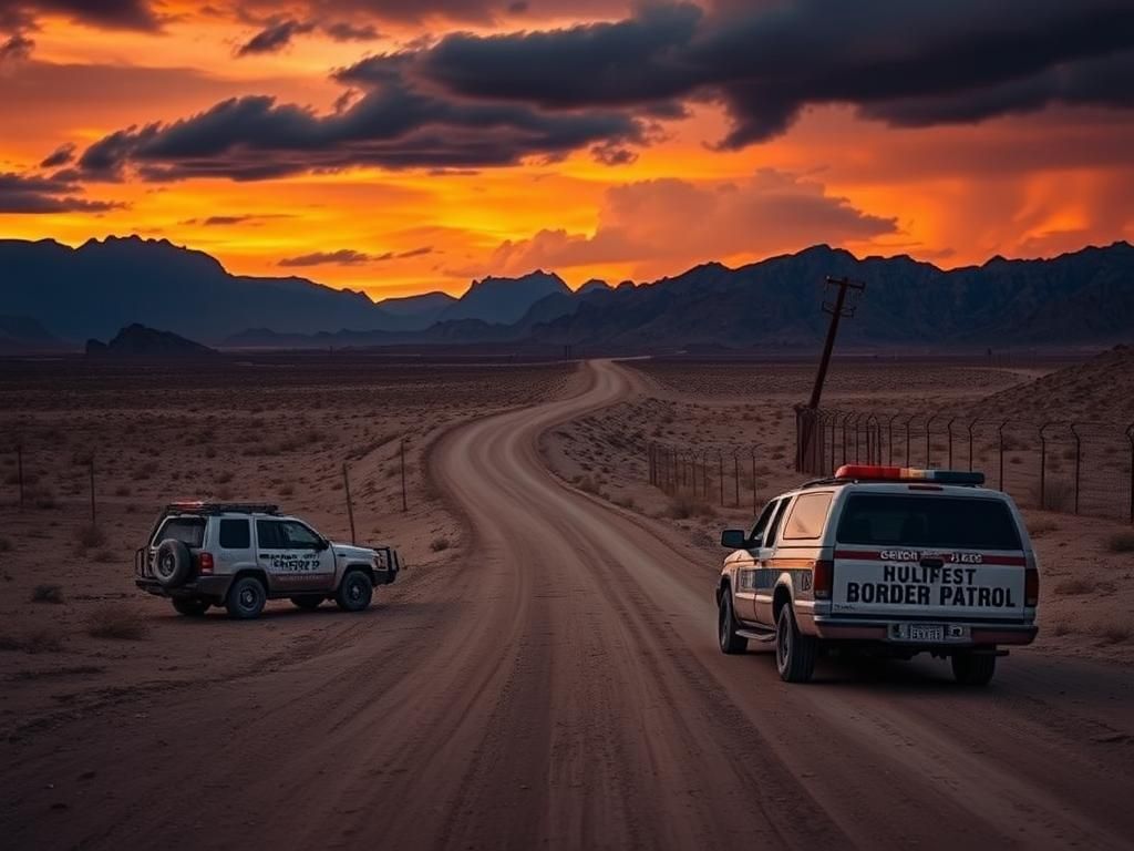 Flick International Abandoned Border Patrol vehicles in a barren desert landscape