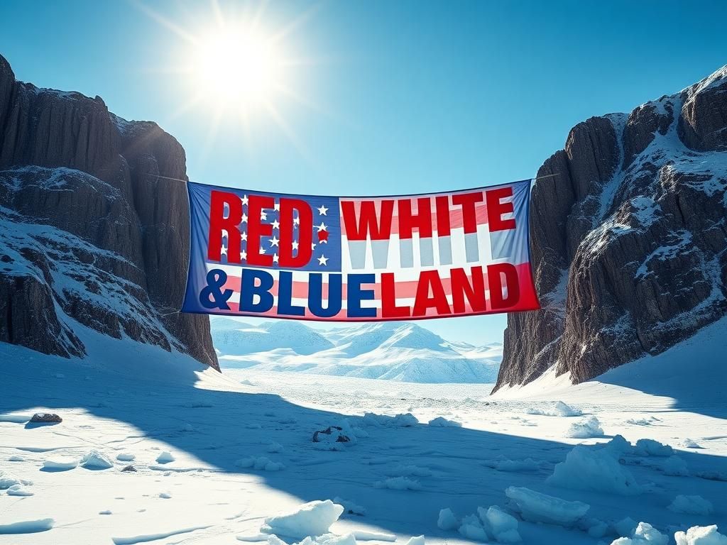 Flick International Majestic Arctic landscape of Greenland with a banner that reads 'Red, White, and Blueland'