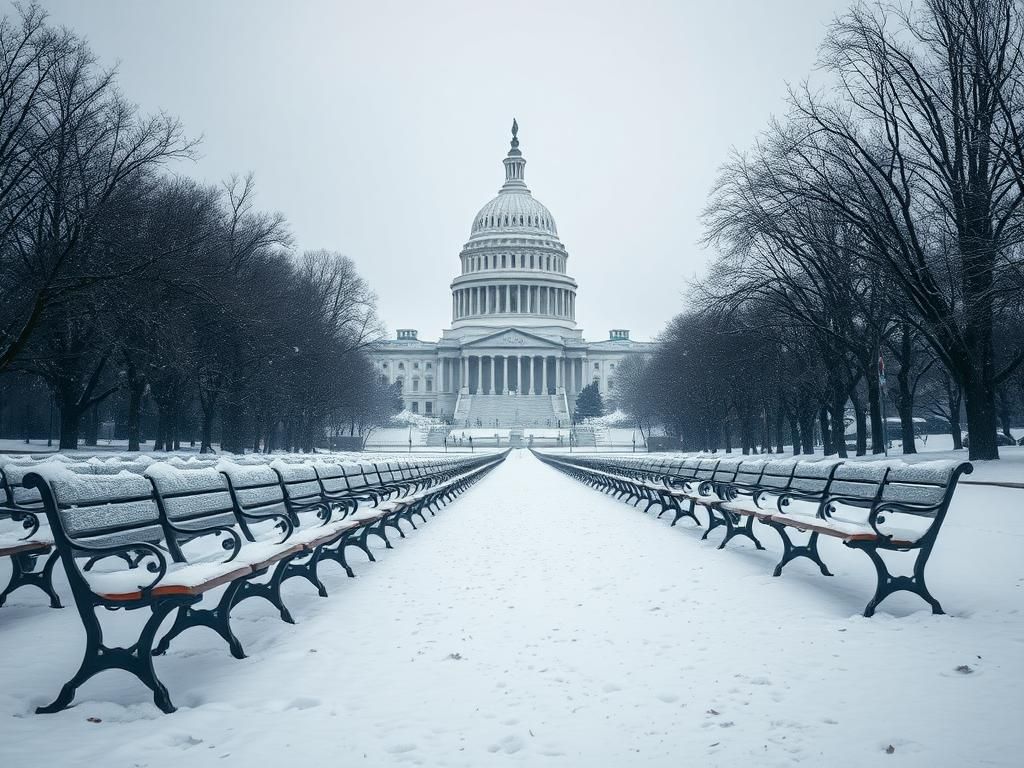 Flick International Snowy landscape in Washington, D.C. featuring the U.S. Capitol dome with Senate benches covered in snow