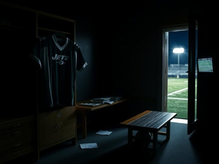 Flick International Empty football locker room with New York Jets jersey hanging