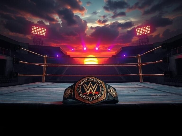 Flick International Wrestling ring set against a dramatic sunset with a championship belt on the mat