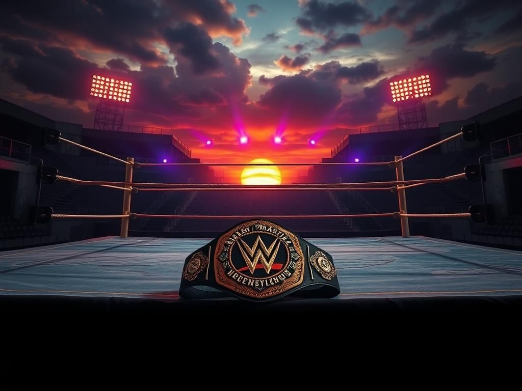 Flick International Wrestling ring set against a dramatic sunset with a championship belt on the mat