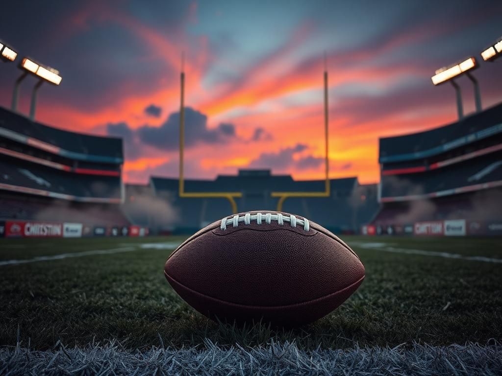 Flick International A well-worn football resting on the turf in a dimly-lit stadium at dusk