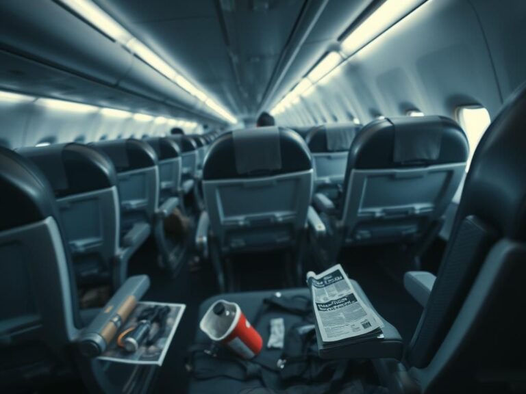 Flick International A chaotic airplane interior with empty seats and a prominent unoccupied window seat