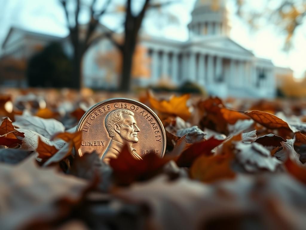 Flick International Close-up of an American penny partially buried in fallen leaves