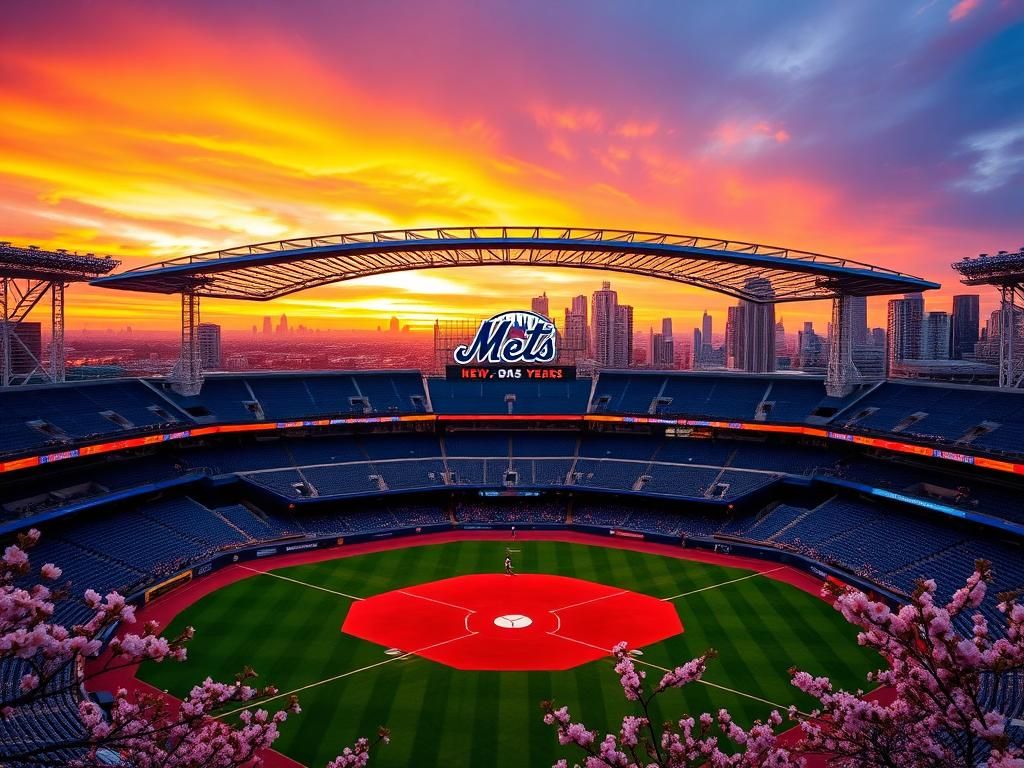 Flick International Aerial view of a modern baseball stadium with a futuristic roof and vibrant city skyline during sunset