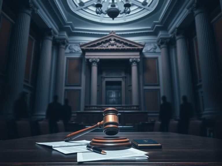 Flick International Dramatic courtroom scene with gavel and legal documents