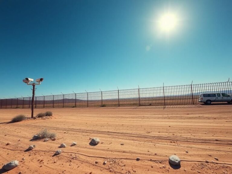 Flick International Vast landscape of the southern border featuring a rusty metallic fence and surveillance equipment