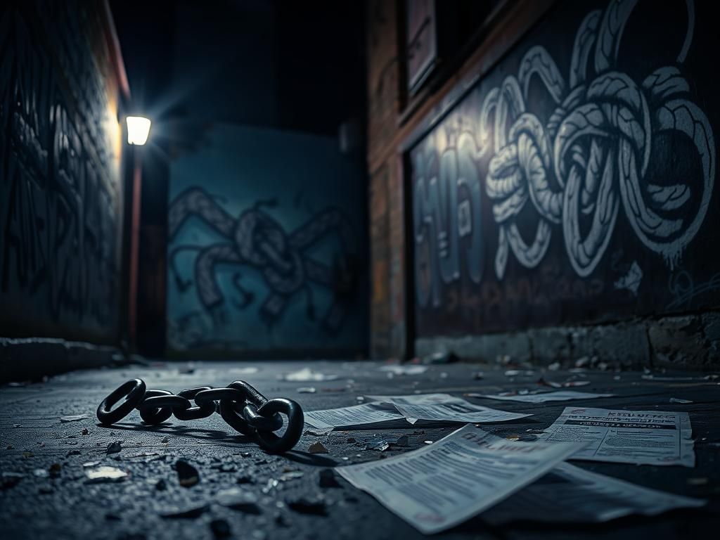 Flick International Dimly lit urban alley at night with broken chains and shattered glass symbolizing liberation from oppression