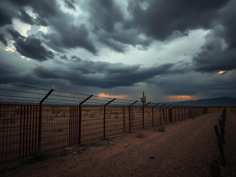 Flick International Desolate border area with a weathered rusted fence symbolizing immigration struggles