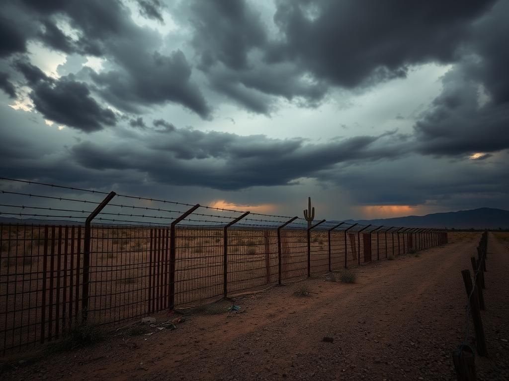 Flick International Desolate border area with a weathered rusted fence symbolizing immigration struggles