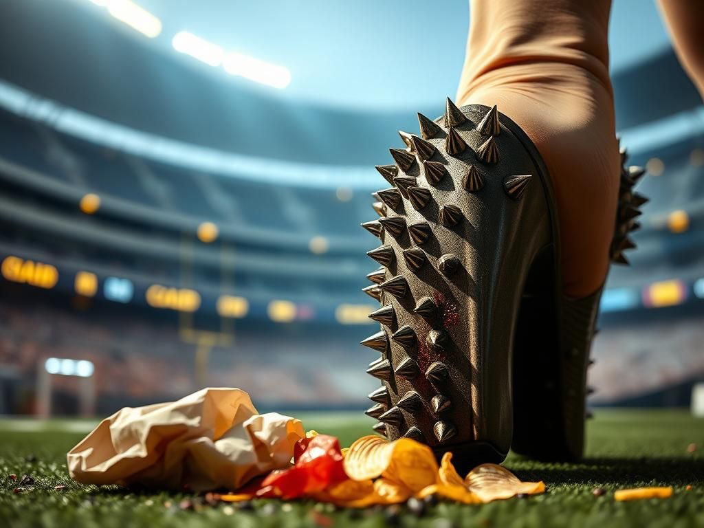 Flick International A close-up of a damaged high-heeled shoe with spikes at the Super Bowl