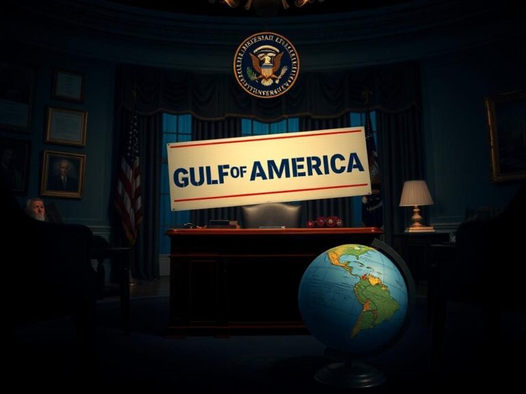 Flick International Dramatic view of the Oval Office featuring a 'Gulf of America' sign on the Resolute Desk